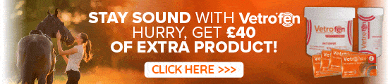 Promotional banner for Vetrofen: 'Stay sound' offer with £40 extra product; shows people with horses on the left and Vetrofen products on the right, plus a 'Click Here' button.