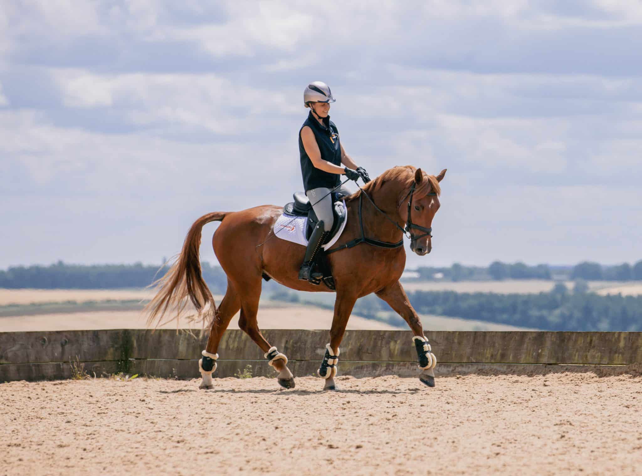 A rider wearing a helmet and sleeveless vest astride a brown horse over a low wooden barrier in an outdoor arena under a cloudy sky, mid-jump.