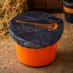 Orange plastic bucket with a crinkled black cover printed 'Vetro Collection by animalife'.